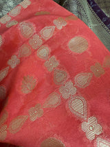 Handmade Coral and Purple Banarasi Silk Saree - Zari Weaving - No Blouse – Style View – Kaash Collection