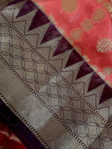 Handmade Coral and Purple Banarasi Silk Saree - Zari Weaving - No Blouse – Fabric Detail – Kaash Collection