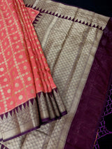 Handmade Coral and Purple Banarasi Silk Saree - Zari Weaving - No Blouse – Full Look – Kaash Collection