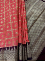 Handmade Coral and Purple Banarasi Silk Saree - Zari Weaving - No Blouse – Detail View – Kaash Collection