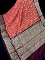 Handmade Coral and Purple Banarasi Silk Saree - Zari Weaving - No Blouse – Close-up – Kaash Collection