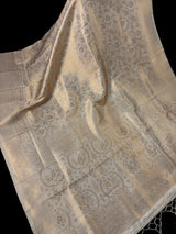 Statement Ivory Color Saree with Muted Gold Zari Weave | Floral Jaal with grand borders