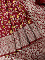 Maroon Red Color Banarasi Semi Gorgette Dupion Soft Silk with Floral Meenakari Work