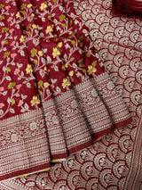 Maroon Red Color Banarasi Semi Gorgette Dupion Soft Silk with Floral Meenakari Work