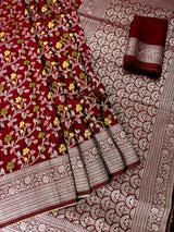 Maroon Red Color Banarasi Semi Gorgette Dupion Soft Silk with Floral Meenakari Work