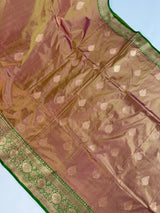 Silk Mark Certified Rose Gold Katan Silk Saree | Green Color Border