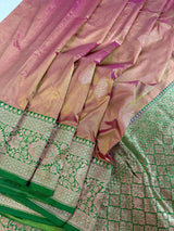 Silk Mark Certified Rose Gold Katan Silk Saree | Green Color Border