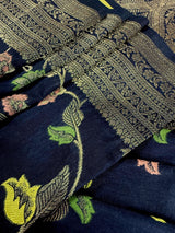 Navy Blue Color Banarasi Semi Gorgette Dupion Soft Silk with Floral Meenakari Work