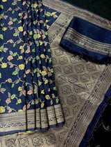 Navy Blue Color Banarasi Semi Gorgette Dupion Soft Silk with Floral Meenakari Work