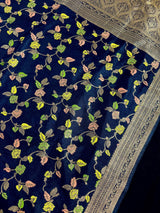 Navy Blue Color Banarasi Semi Gorgette Dupion Soft Silk with Floral Meenakari Work