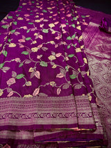 Purple Color Banarasi Semi Gorgette Dupion Soft Silk with Floral Meenakari Work