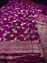 Purple Color Banarasi Semi Gorgette Dupion Soft Silk with Floral Meenakari Work
