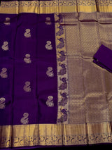 Purple Pure Kanjivaram Kanchipuram Silk Saree | Muted Gold Zari Weave | Peacock Motifs