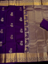 Purple Pure Kanjivaram Kanchipuram Silk Saree | Muted Gold Zari Weave | Peacock Motifs