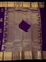 Purple Pure Kanjivaram Kanchipuram Silk Saree | Muted Gold Zari Weave | Peacock Motifs