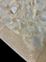 Ivory Linen Silk Saree | Banarasi Border, Floral Jaal Weave