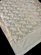 Ivory Linen Silk Saree | Banarasi Border, Floral Jaal Weave