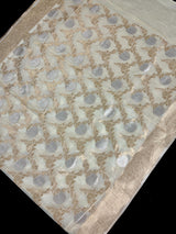 Ivory Linen Silk Saree | Banarasi Border, Floral Jaal Weave
