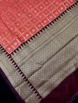 Handmade Coral and Purple Banarasi Silk Saree - Zari Weaving - No Blouse