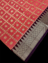 Handmade Coral and Purple Banarasi Silk Saree - Zari Weaving - No Blouse – Back View – Kaash Collection