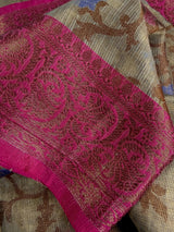 Banarasi Semi Soft Silk Tissue Saree in Dark Beige with Antique Zari Weave and Meenakari with Banarasi Borders