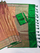 Silk Mark Certified Rose Gold Katan Silk Saree | Green Color Border