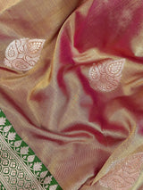 Silk Mark Certified Rose Gold Katan Silk Saree | Green Color Border