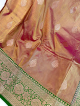 Silk Mark Certified Rose Gold Katan Silk Saree | Green Color Border