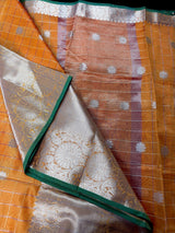 Mango Yellow Color Banarasi Kora Organza Silk Saree in Checks with Wide Border and Sliver Zari