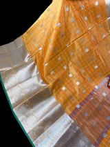 Mango Yellow Color Banarasi Kora Organza Silk Saree in Checks with Wide Border and Sliver Zari