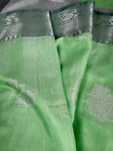 Green Color Banarasi Silk Cotton Saree with Sliver Zari Borders and Floral Buttas