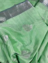 Green Color Banarasi Silk Cotton Saree with Sliver Zari Borders and Floral Buttas