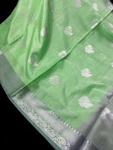 Green Color Banarasi Silk Cotton Saree with Sliver Zari Borders and Floral Buttas
