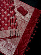 Maroon Color Mashru Silk Handloom Saree with Muted Gold Zari Weave | Banarasi Mashru Silk Saree