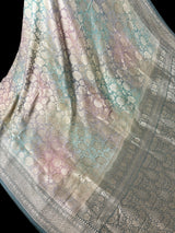 Celebrity Inspired Pastel Soft Aqua with Multi Soft Color Pure Khaddi Georgette - drape view | Saree | Kaash Collection