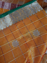 Mango Yellow Color Banarasi Kora Organza Silk Saree in Checks with Wide Border and Sliver Zari