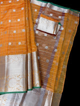 Mango Yellow Color Banarasi Kora Organza Silk Saree in Checks with Wide Border and Sliver Zari