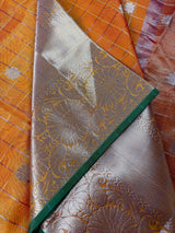 Mango Yellow Color Banarasi Kora Organza Silk Saree in Checks with Wide Border and Sliver Zari
