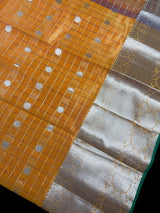 Mango Yellow Color Banarasi Kora Organza Silk Saree in Checks with Wide Border and Sliver Zari