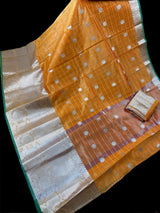 Mango Yellow Color Banarasi Kora Organza Silk Saree in Checks with Wide Border and Sliver Zari