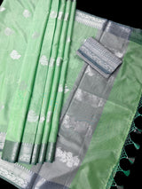 Green Color Banarasi Silk Cotton Saree with Sliver Zari Borders and Floral Buttas