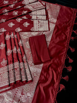 Maroon Color Mashru Silk Handloom Saree with Muted Gold Zari Weave | Banarasi Mashru Silk Saree
