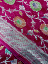 Magenta Pink Pure Khaddi Georgette Silk Saree with Water Zari and Hand Brush | Floral Sarees | SILK MARK CERTIFIED
