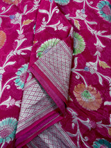Magenta Pink Pure Khaddi Georgette Silk Saree with Water Zari and Hand Brush | Floral Sarees | SILK MARK CERTIFIED