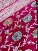 Magenta Pink Pure Khaddi Georgette Silk Saree with Water Zari and Hand Brush | Floral Sarees | SILK MARK CERTIFIED