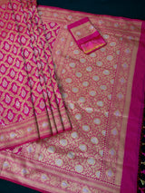 Rani Pink Color Banarasi Handloom Saree | Floral design in Sliver and Gold - view 7 | Saree | Kaash Collection