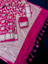Magenta Pink Pure Khaddi Georgette Silk Saree with Water Zari and Hand Brush | Floral Sarees | SILK MARK CERTIFIED