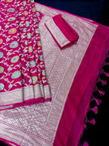 Magenta Pink Pure Khaddi Georgette Silk Saree with Water Zari and Hand Brush | Floral Sarees | SILK MARK CERTIFIED