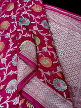 Magenta Pink Pure Khaddi Georgette Silk Saree with Water Zari and Hand Brush | Floral Sarees | SILK MARK CERTIFIED