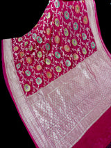 Magenta Pink Pure Khaddi Georgette Silk Saree with Water Zari and Hand Brush | Floral Sarees | SILK MARK CERTIFIED
